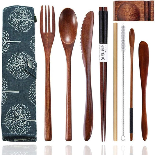 Cennsa Cutlery Set Portable, Reusable Travel Cutlery & Utensils Set with Case, 9-Piece Flatware Including Knife Fork Spoon Chopsticks Cleaning Brush Metal Straws, Stainless Steel Travel Flatware Set Wooden Cutlery Set