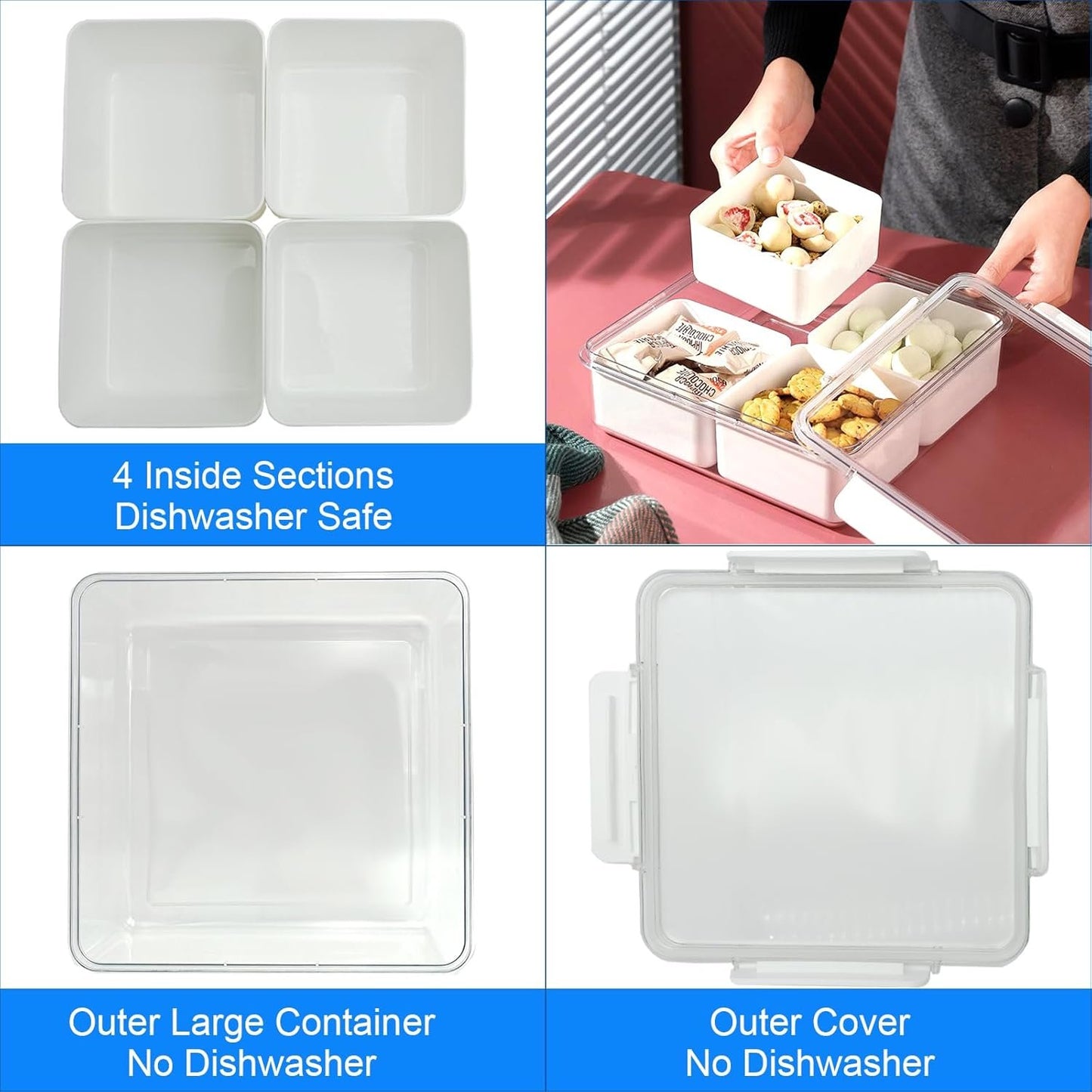 Famiredo Food Storage Organizer with Lid, Divided Serving Tray with 4 or 5 Removable Boxes, Stackable Refrigerator Organizer Bins Produce Saver for Meal Prep (Square)