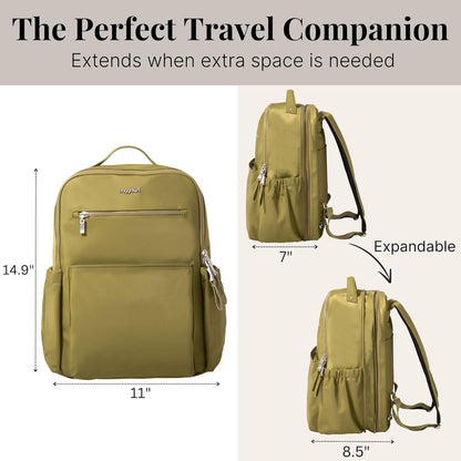 Baggallini Tribeca Expandable Travel Laptop Backpack Water-Resistant Nylon Work Bag w/Organization, Padded Sleeve & RFID Tech, Sage Twill, One Size