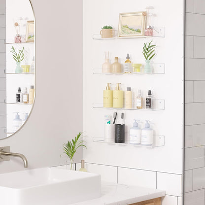 upsimples Clear Acrylic Shelves for Storage, 15" Floating Shelves Wall Mounted for Kids Bookshelf/Display Ledge for Bedroom, Living Room, Bathroom, Kitchen, Set of 4