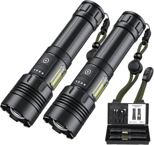 LED Torch Rechargeable Flashlight with Cob Side Light, High Lumens Super Bright Torch, High Powered Torches, Powerful Handheld Tactical Flashlight for Emergency Camping Hiking, 2 Pack