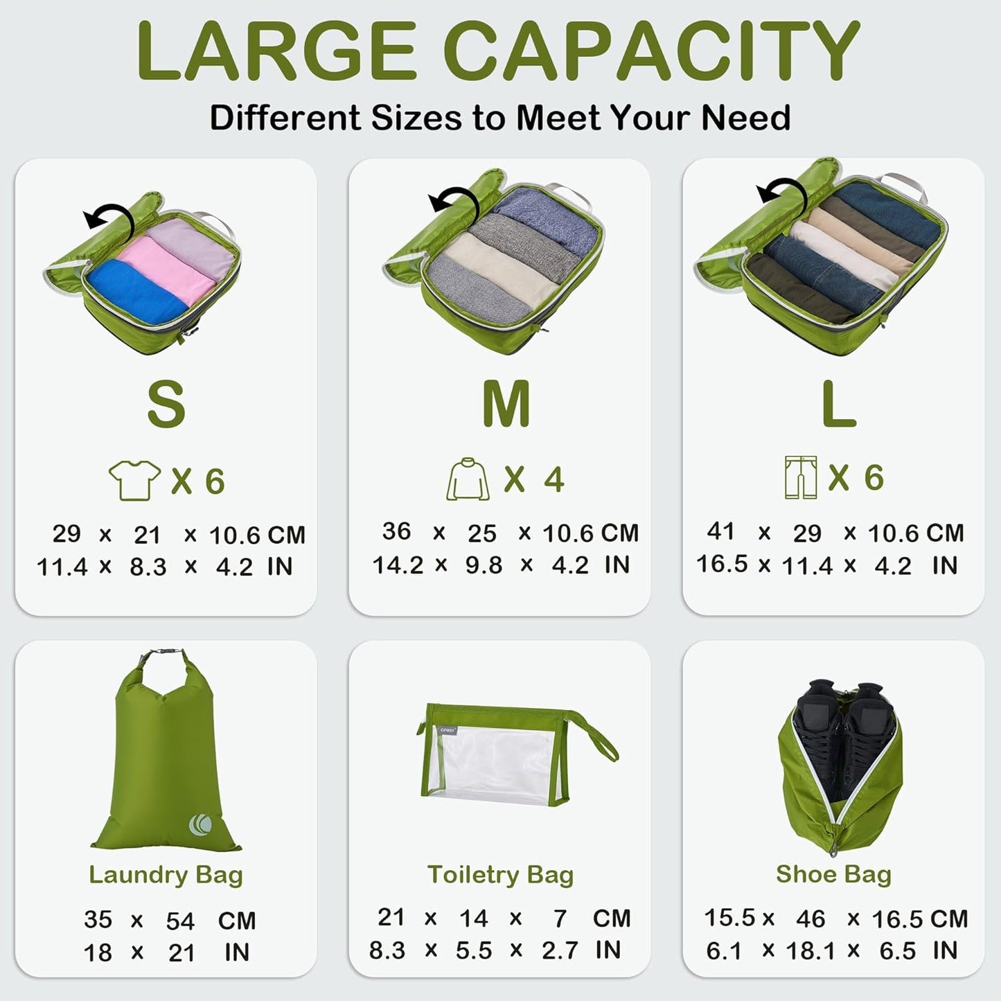 Cipway Compressor Organizer Suitcase, Expandable Travel Bag, Ultralight Space-Saving Travel Organizer for Clothes for Backpacks or Hand Luggage (Green, 8 Pieces)