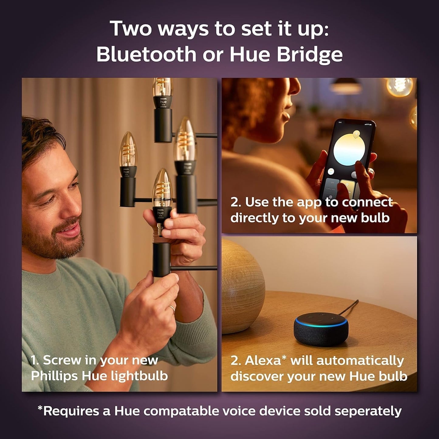 Philips Hue Smart 40W Candle-Shaped Filament LED Bulb - White Ambiance Warm-to-Cool White Light - 2 Pack - 270LM - E12 - Indoor - Control with Voice or App