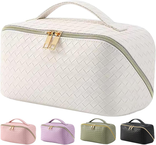 Makeup Bag Travel Toiletry Bag,Large Capacity Cosmetic Bags for Women with Handle and Divider,Large Wide-Open Pouch Waterproof Toiletry Bag for Toiletries Accessories Brushes (A-White)