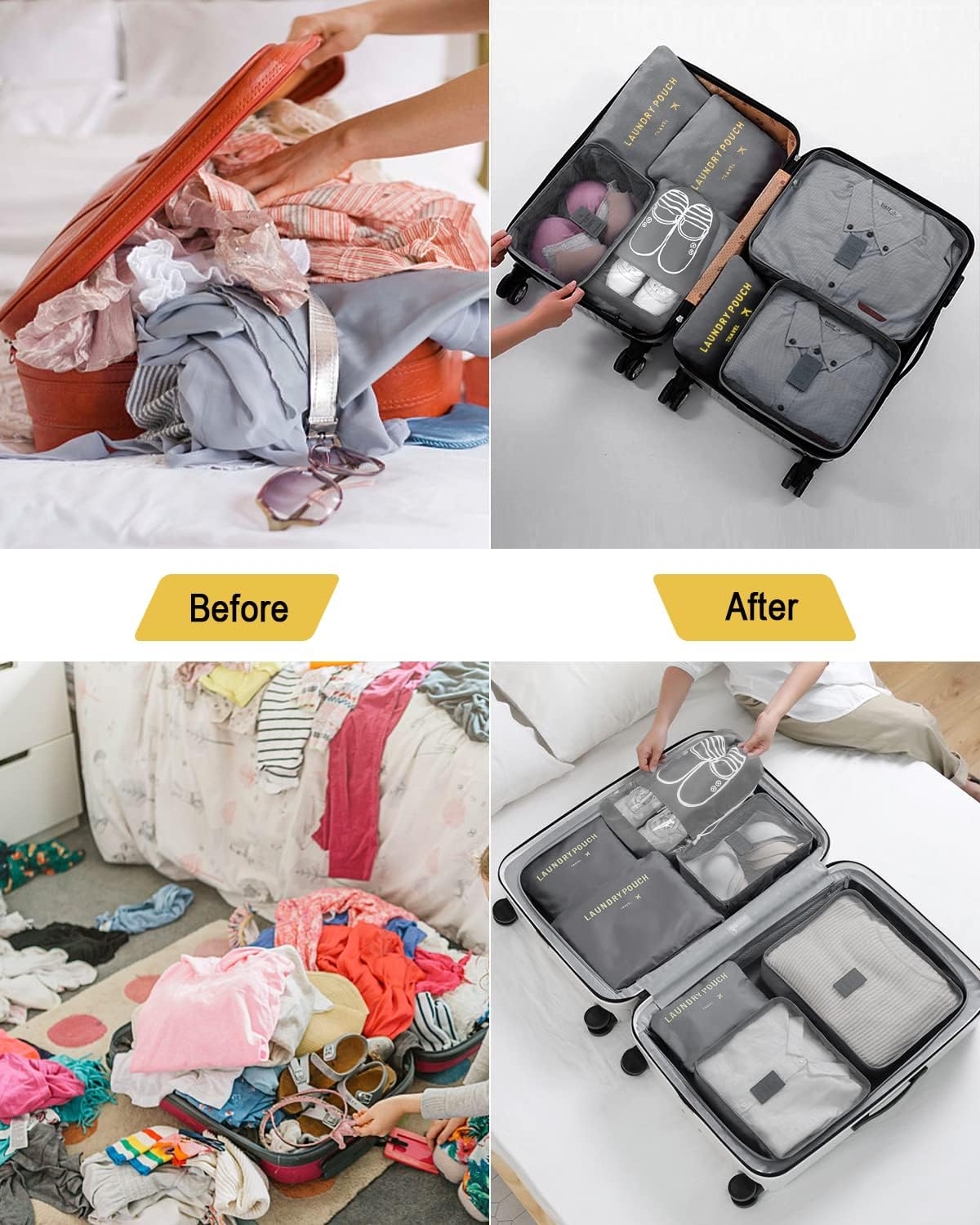 BillyBath Suitcase Organizer Set, 8 in 1 Travel Organizer for Clothes, Shoes, Cosmetics, Grey