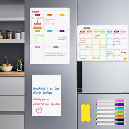 Magnetic Dry Erase Calendar Whiteboard Set (3-Pack) – 1 Monthly Planner 1 Weekly Planner and 1 Whiteboard with 7 Markers & Eraser for Fridge, Wall and Home Organization