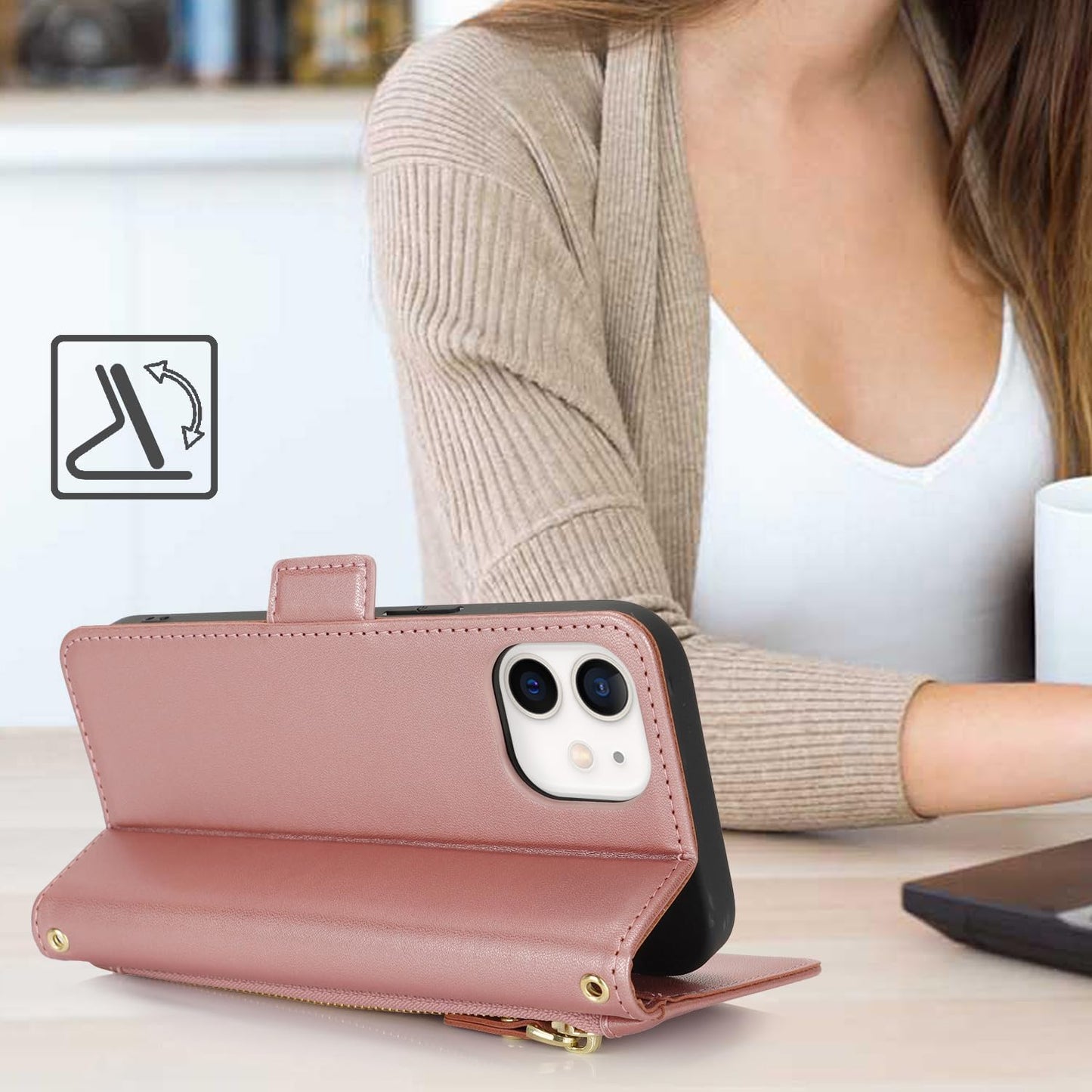 Cavor for iPhone 12/12 Pro Case Adjustable Crossbody Wallet with Card Holder Kickstand Long Shoulder Lanyard Wrist Strap PU Leather Magnetic Flip Cover Phone Zipper Pocket-Rose