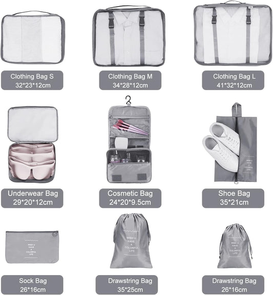 TAMOWA Organizer Suitcases Set of 9, Travel Cube Packing Cubes, Cosmetics Clothing Underwear Footwear Organizers Sacks Storage Suitcase Set, grey