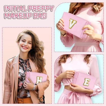 TOPEAST Graduation Gifts - Initial Makeup Bag, Birthday Gifts for 4 5 6 7 8 9 10 11 12 Year Old Girls, Personalized Preppy Cosmetic Bag | Leather Toiletry Bag (Pink A)