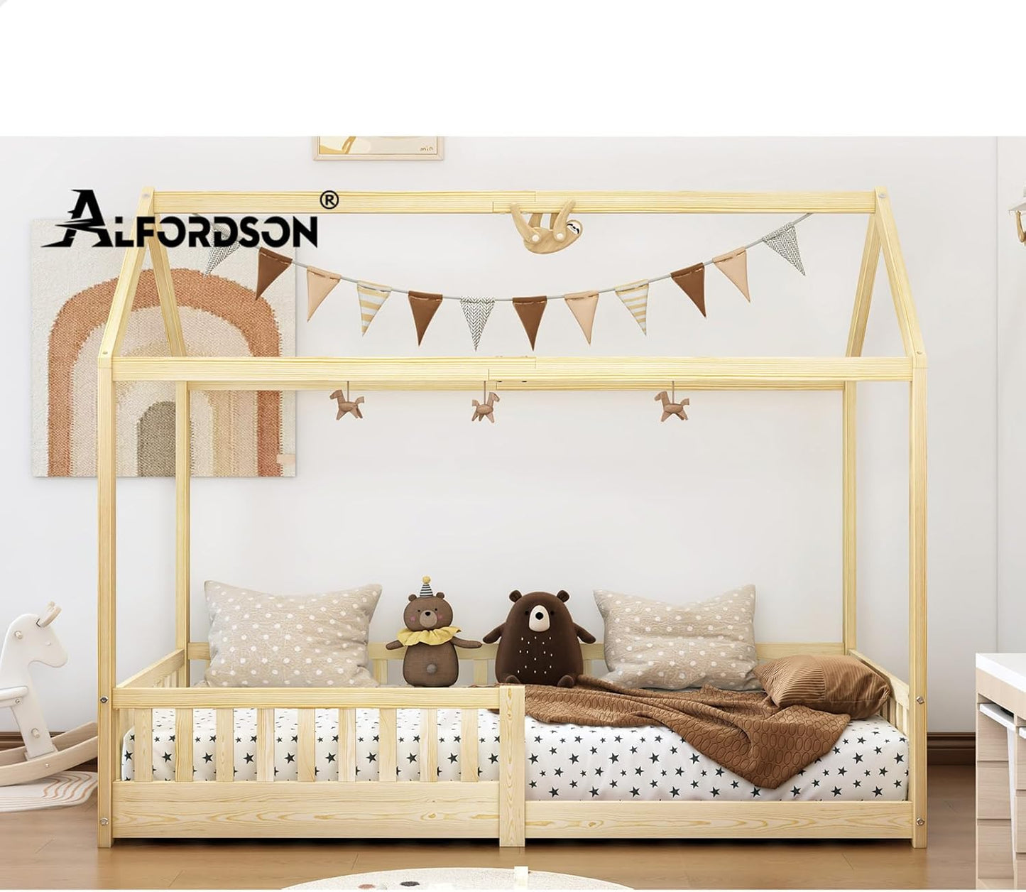 ALFORDSON Renaud Series Oak Kids Bed Frame, Wooden Bedroom Furniture, House Frame Single Mattress Base Platform, Solid Pine Wood Bed Base Foundation Children's Beds