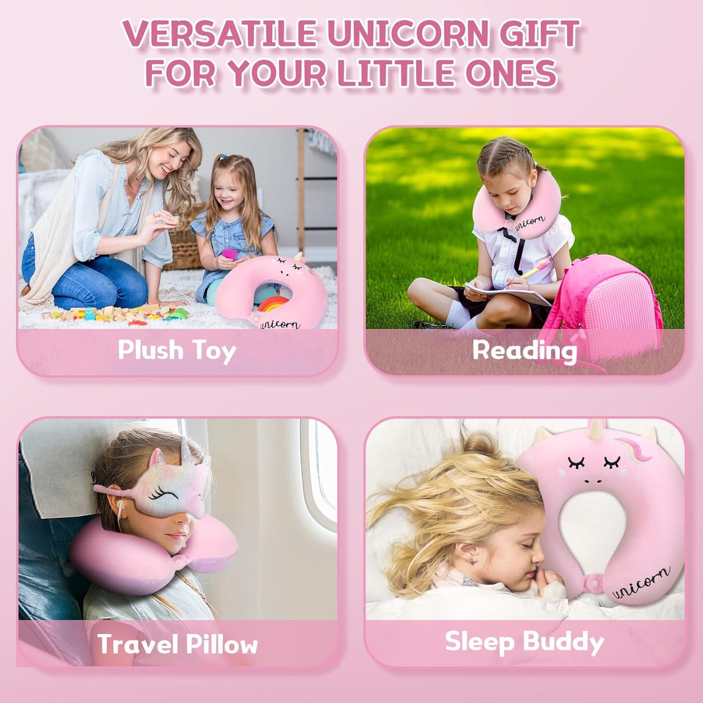 Kids Travel Pillow,Unicorn Toddler Neck Pillow for Kids Traveling with Eye Mask,U-Shaped Airplane Flight Car Head Neck Support Memory Foam Pillow for Adults,Gifts for Children,Boys,Girls (Pink)