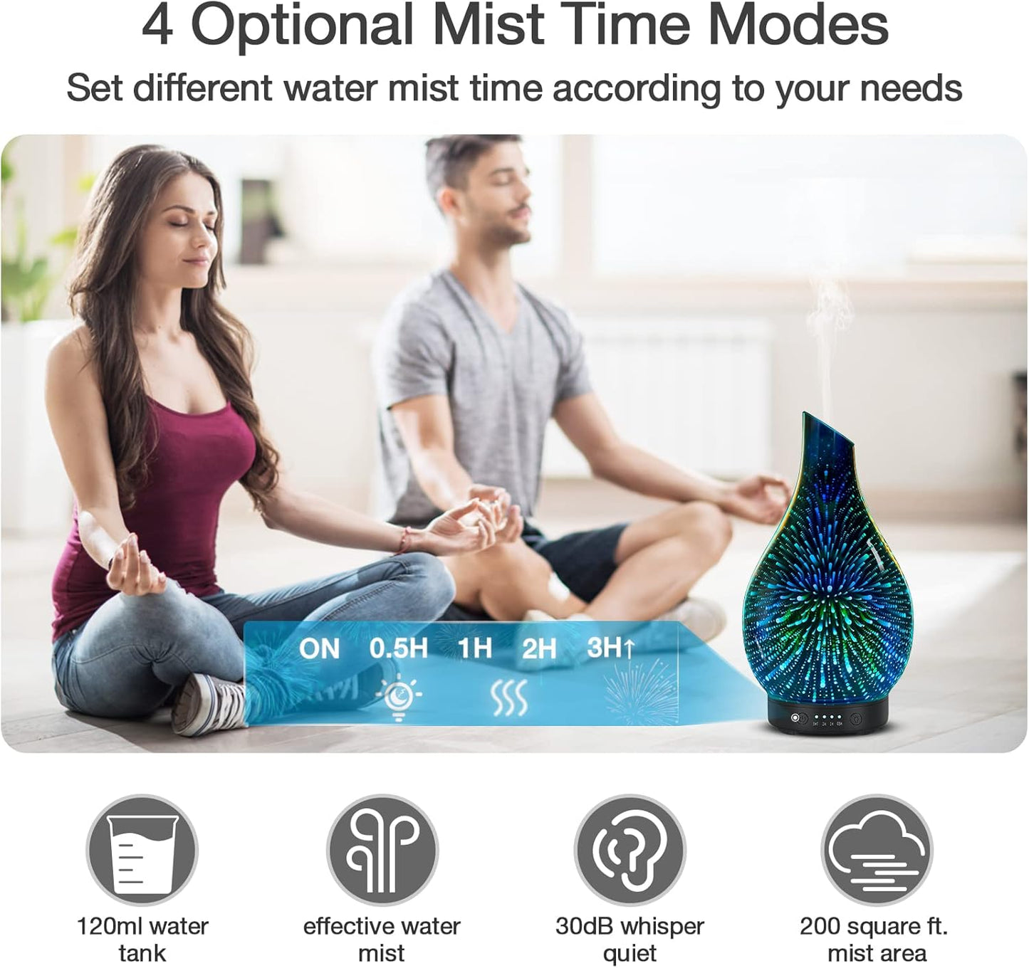 Essential Oil Diffuser 120ML Aroma Ultrasonic Humidifier with Handmade Glass BPA Free Waterless Auto-Off Timer Setting for Home Yoga Office