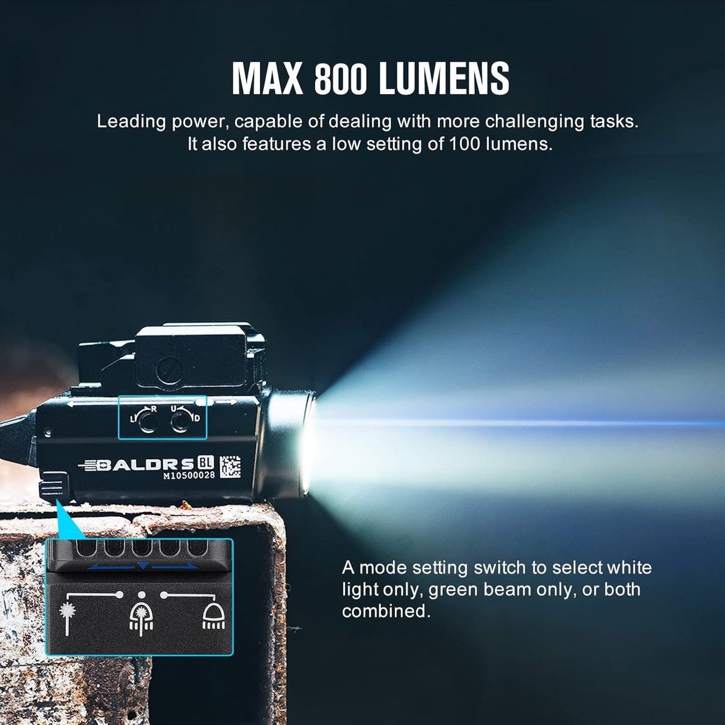 OLIGHT Baldr S BL 800 Lumens LED Rechargeable Tactical Flashlight, Compact Rail Mounted Light with Blue Beam and White LED Combo, Flashlight Compatible with 1913 or GL Rail (Black)