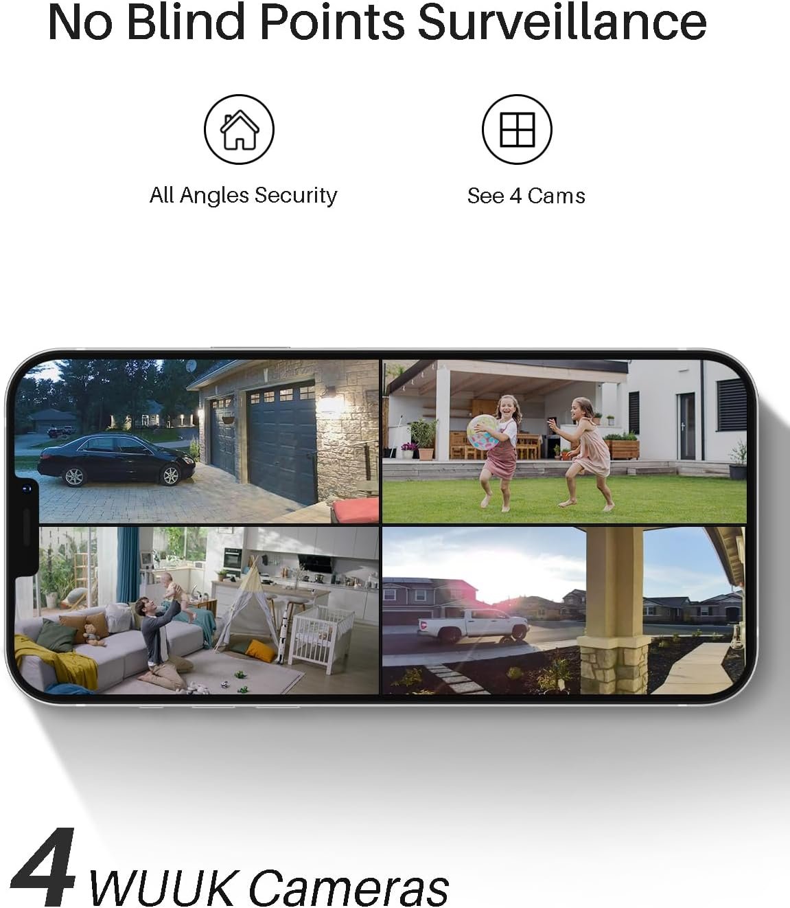 WUUK Outdoor Security Camera Wireless, 4-Cams Kit, 2K Home Security System with Base Station, 32GB Local Storage, No Monthly Fee, Compatible with Alexa, Google Home & IFTTT