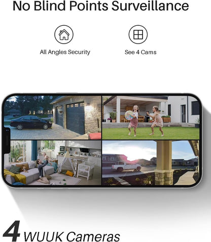 WUUK Outdoor Security Camera Wireless, 4-Cams Kit, 2K Home Security System with Base Station, 32GB Local Storage, No Monthly Fee, Compatible with Alexa, Google Home & IFTTT
