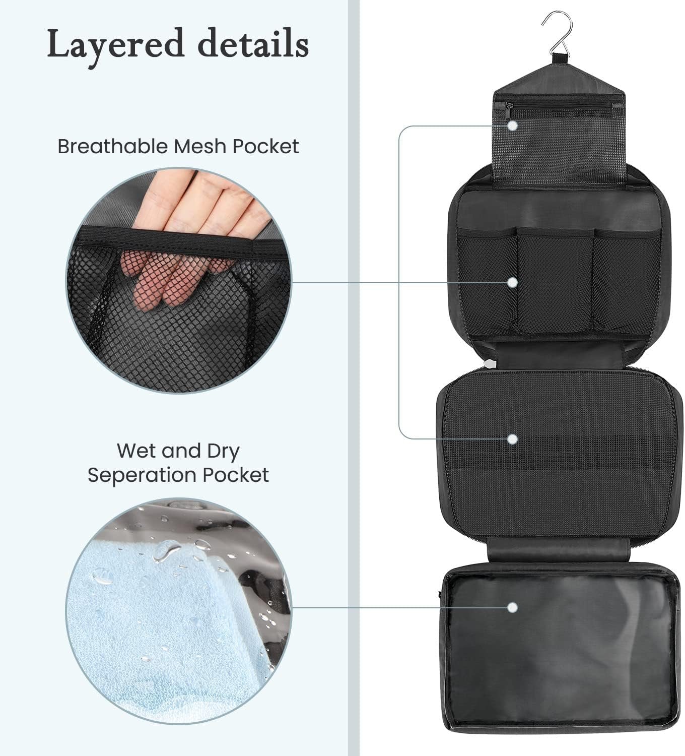 Mens Travel Toiletry Bag, Maxchange Hanging Toiletry Bag | Foldable Bathroom Kit with 6.8L Capacity for Men/Women | 4 Layers Portable Waterproof Mens Hygiene Bag | Travel Bathroom Organizer (Black)
