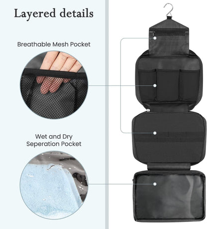Mens Travel Toiletry Bag, Maxchange Hanging Toiletry Bag | Foldable Bathroom Kit with 6.8L Capacity for Men/Women | 4 Layers Portable Waterproof Mens Hygiene Bag | Travel Bathroom Organizer (Black)
