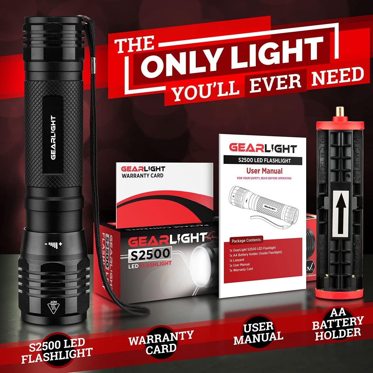 GearLight High Lumens LED Flashlight S2500 - Powerful Patented 1500 Lumen Flashlights, Brightest Tactical Flash Light, Super Bright Camping Accessories and Gear