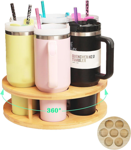 7 Slots Water Bottle Organizer for Stanley Tumbler, Rotatable Stanley Cup Organizer Holder for Kitchen Cabinets, Bamboo Wood Water Bottle Storage Rack for Stanley Cup Accessories