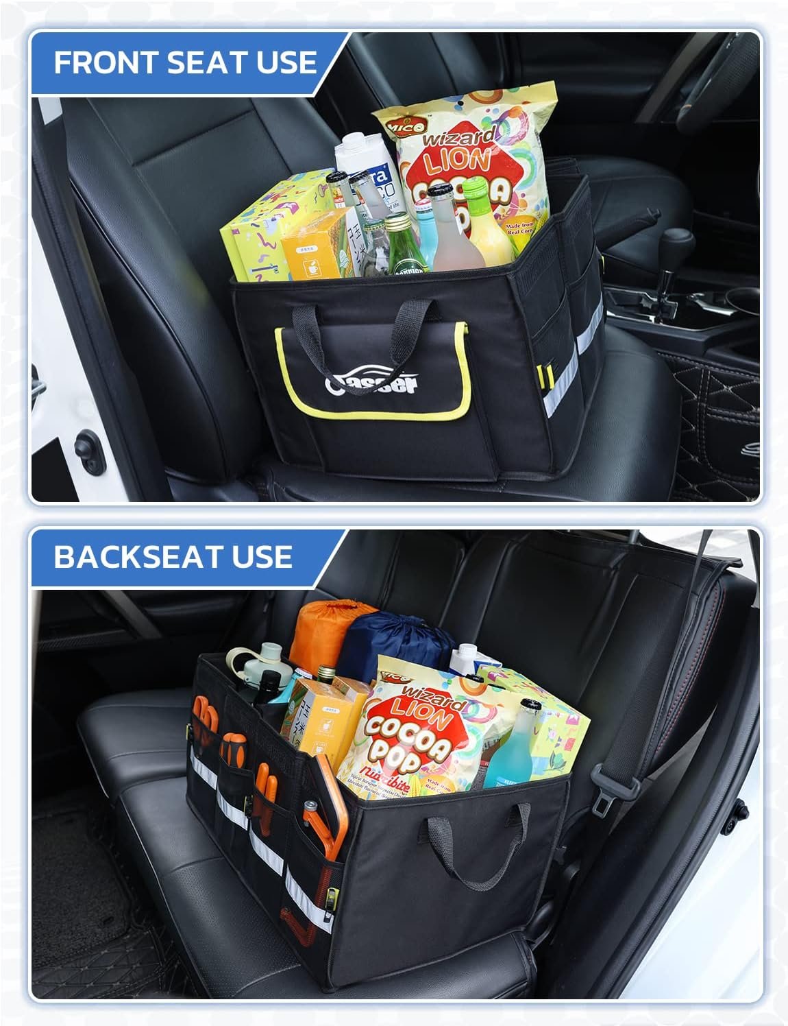 Oasser Car Trunk Organizer for SUV, Car Trunk Storage Organizer Collapsible Multi-compartments Cargo Storage Box with Foldable Cover, Reflective Strip, Non Slip Bottom E3A Black