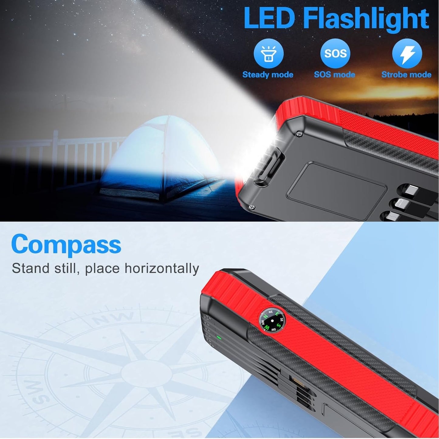 Solar Power Bank 33800mAh Built in 4 Cables, 22.5W USB C Fast Charging Portable Phone Charger, 6 Outputs & 4 Inputs with LED Camping Lights Battery Pack for Outdoor iPhone Samsung Tablet (Red)