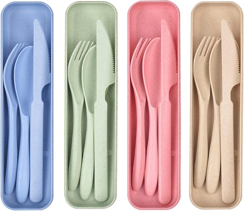 4 Pack Reusable Utensils Set with Case, Spoon Knife Fork Portable Cutlery Set, Eco Friendly Non-Toxin Reusable Travel Utensil Set for Adult Picnic Camping or Birthday