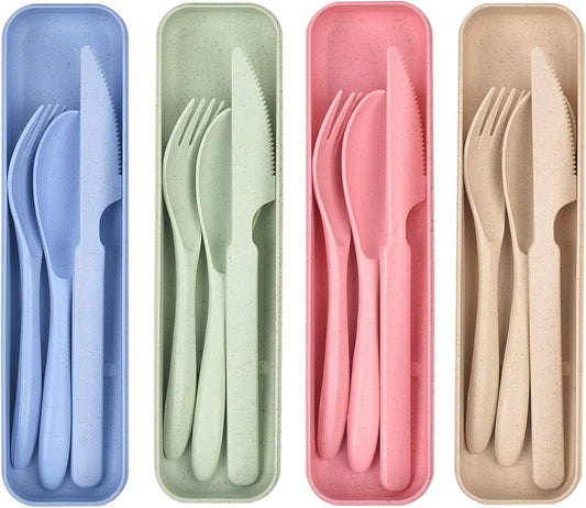 4 Pack Reusable Utensils Set with Case, Spoon Knife Fork Portable Cutlery Set, Eco Friendly Non-Toxin Reusable Travel Utensil Set for Adult Picnic Camping or Birthday