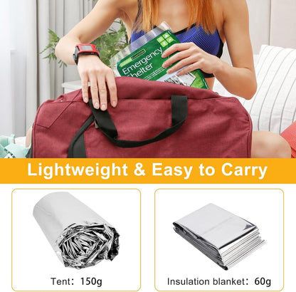 Vspek Emergency Survival Shelter Tent and Insulation Blanket Set - 1 Tent, 2 Blankets, Raincoat Tube, Survival Tarp for Hiking, Emergency Preparedness, Extreme Weather