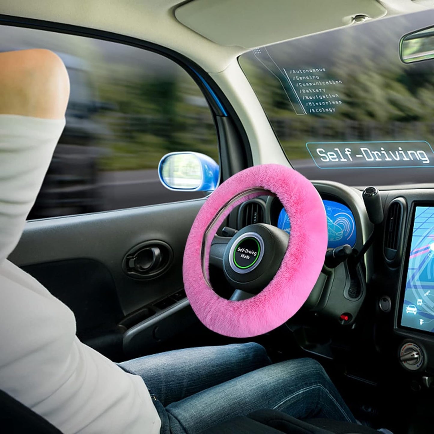 Wazzh 7PCS Set car Interior Aesthetic Accessories, Fluffy 15 inch Steering Wheel Cover, armrest pad, seat Belt Cover,Gear Shift Cover, Fit Girly car Accessories for Women.