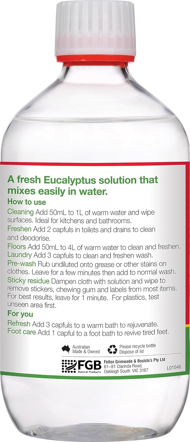 Bosisto's Eucalyptus Solution 500mL | with 100% Natural Eucalyptus Oil, Essential Oils, Dissolves Easily in Water, Natural Cleaning, Deodorising, Australian Made & Owned