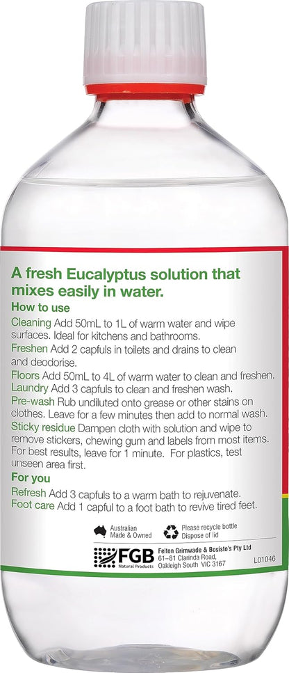 Bosisto's Eucalyptus Solution 500mL | with 100% Natural Eucalyptus Oil, Essential Oils, Dissolves Easily in Water, Natural Cleaning, Deodorising, Australian Made & Owned