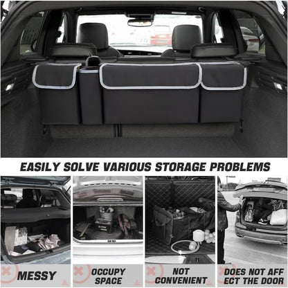 AUCELI Car Trunk Organizer, Backseat Hanging Large Storage with Adjustable Straps, Waterproof Collapsible Cargo Bag with 4 Pockets, Sturdy Space Saver Frees Trunk Floor for SUV, Truck, MPV