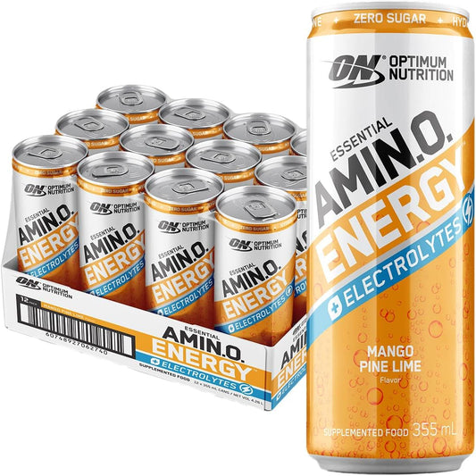 OPTIMUM NUTRITION Amino Energy + Electrolytes Sparkling Hydration Drink, Mango Pinelime Flavour, 355ml, 12 Pack