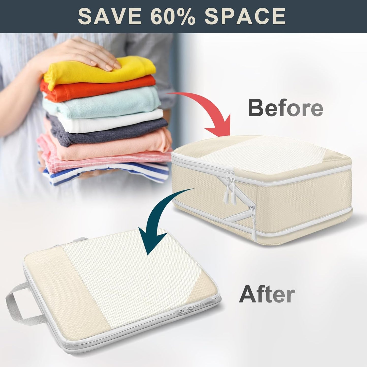 Lannvan Organizer Suitcases, Set of 7 Compression Packing Cubes, beige