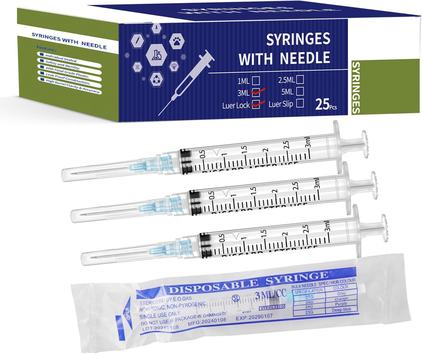 25Pack 3ml with 23 G Individual Package Suitable for Industrial, Scientific, Measuring, Watering, Pet Feeding, Oil or Glue Applicator