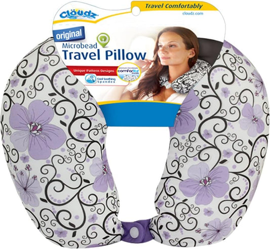 Cloudz Patterned Microbead Airplane Travel Neck Pillow. Customize Your Comfort and Support While Traveling on a Plane, Car, Bus or Train! - Purple Print