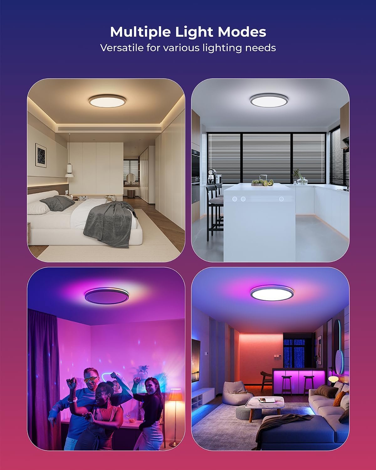 Matane Smart LED Ceiling Light WiFi, 12IN RGB Flush Mount Ceiling Light Fixture, 16 Million DIY Colors, Works with Alexa Google Home, 3000K-6500K Ceiling Lights for Bedroom, Living Room, White