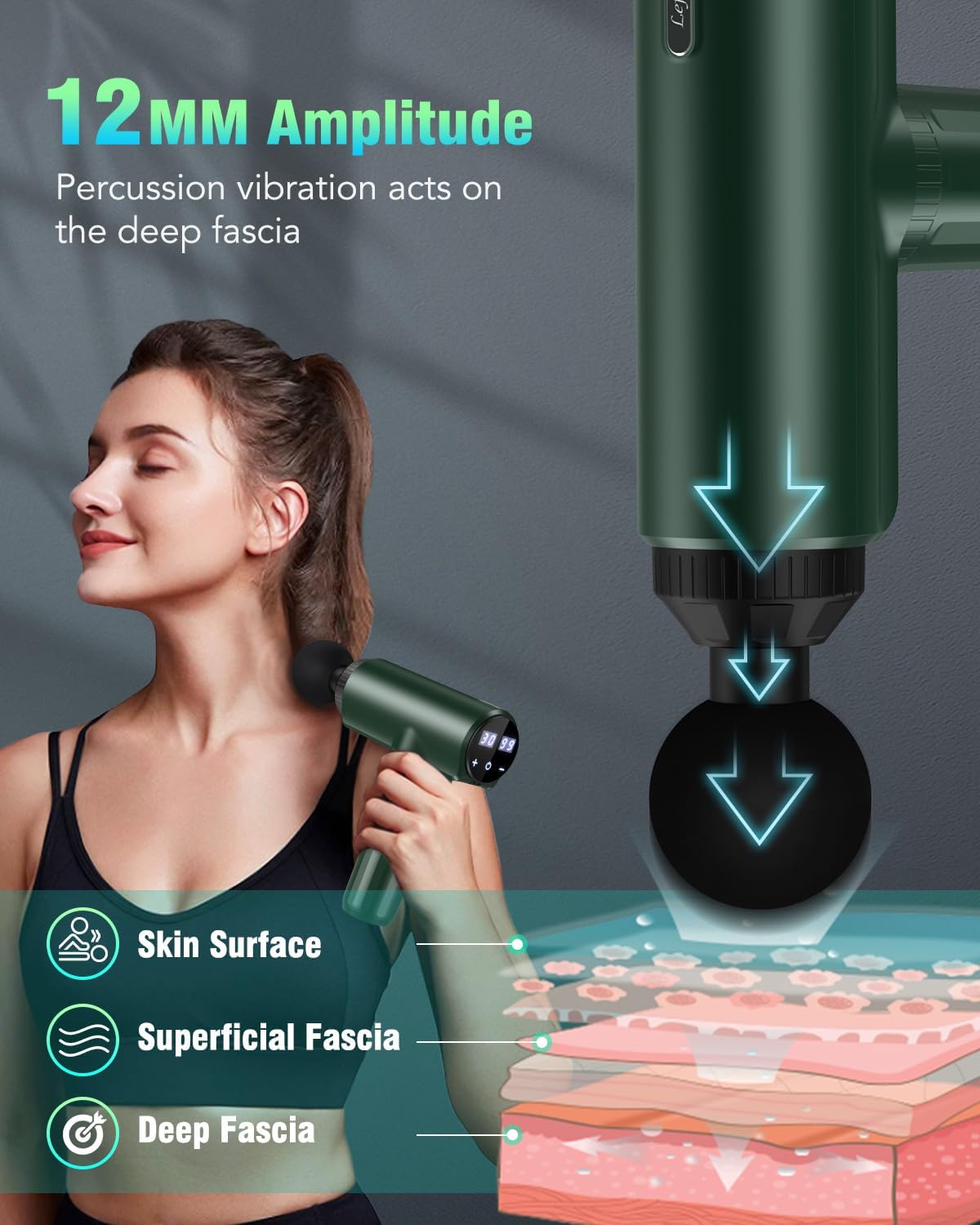 Muscle Massage Gun, Lefity 30 Adjustable Levels and 6 Heads, Professional Massager with LCD Display, Relieve Muscle Pain, Dark Green