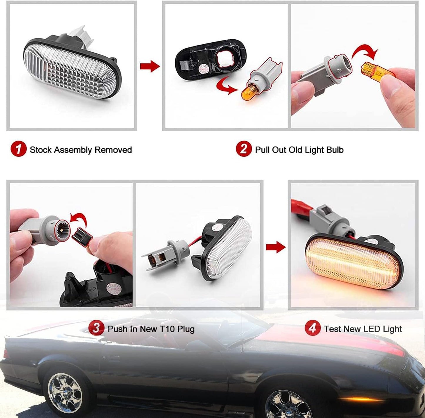 NSLUMO LED Front Side Marker Lights Replacement for 82-92 Chevy Camaro Euro Smoked Lens Amber Led Bumper Side Signal Parking Marker Light Assembly Replace OEM Sidemarker Lamps