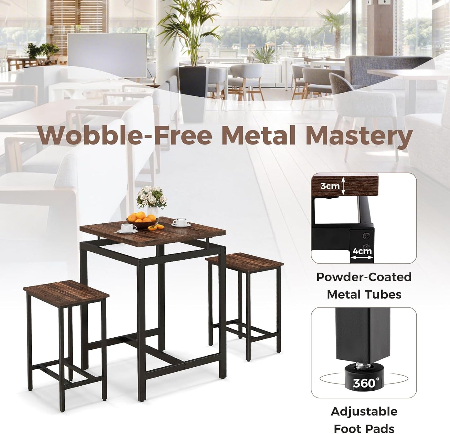 Giantex Counter Height Table with 2 Stools, Pub Dining Table Set with Floating Tabletop & Footrest, Breakfast Table Set for Small Space, Industrial Bistro Set for Apartment Kitchen, Rustic Brown