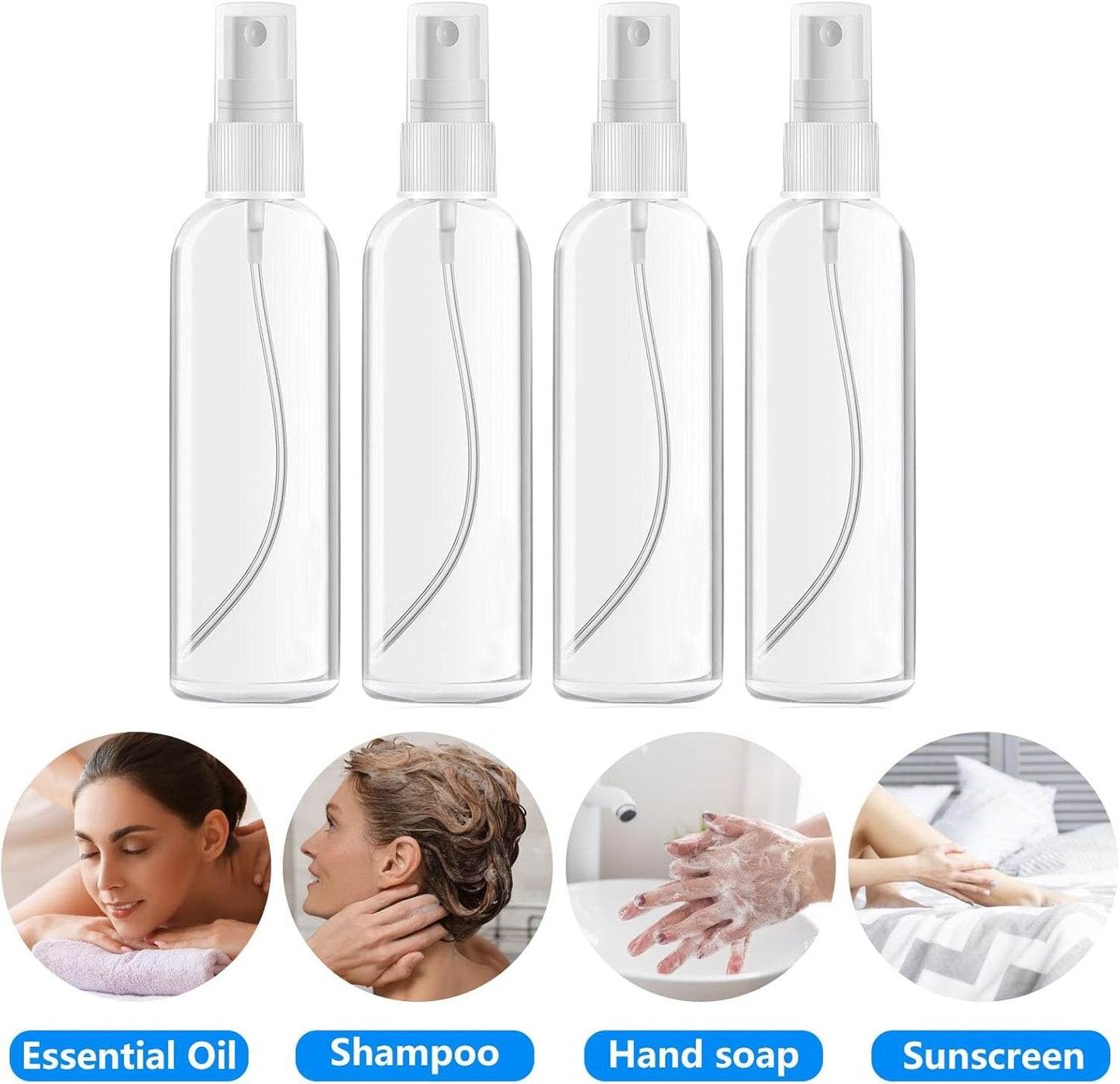 DTDNZKN 4 Pack 3.4 Oz (100ml) Small Spray Bottles, TSA Approved Travel Bottles for Toiletries with Labels - Fine Mist, Refillable, Reusable, Leak Proof