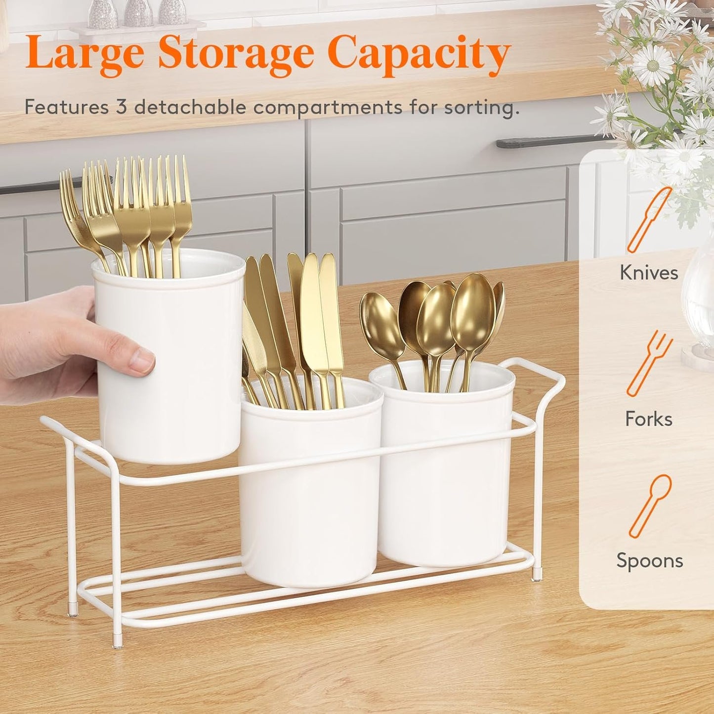 Lifewit Silverware Caddy, Utensil Holder for Party, Cutlery Flatware Organizer for Kitchen Countertop, Forks Spoons Knives Storage for Picnic Camping Outdoor Buffet, White