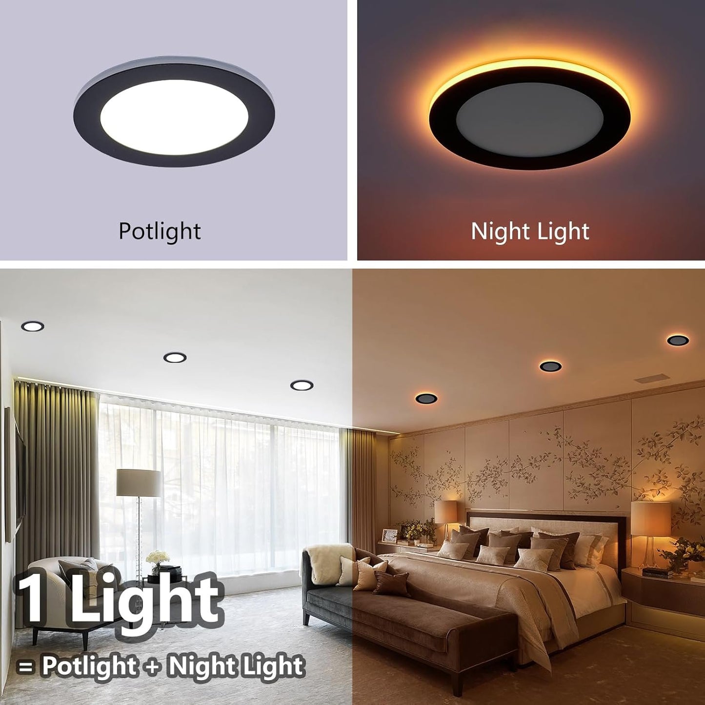 Togalonn 12 Pack Black Pot Lights 6 inch with Night Light - 5CCT Color Changing & Dimmable LED Recessed Lighting, Canless Wafer Soffit Downlight with Juction Box, 12W Eqv 100W