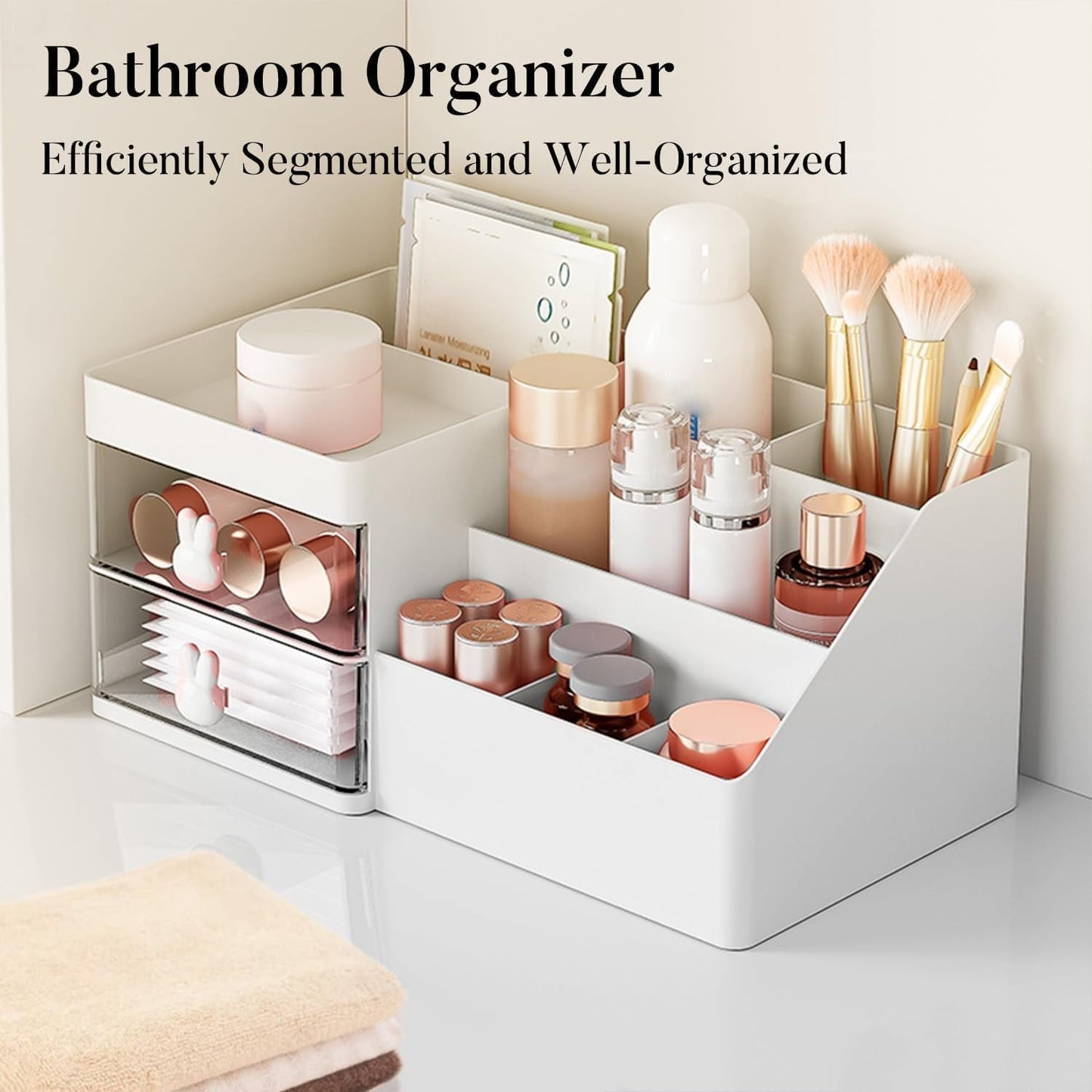 Makeup Organizer, Cosmetic Desk Storage Box with Drawers Skincare Organizers for Dressing Table, Countertop, Bathroom Counter, Vanity Holder for Brushes, Lotions, Lipstick, Perfume (White-Clear)