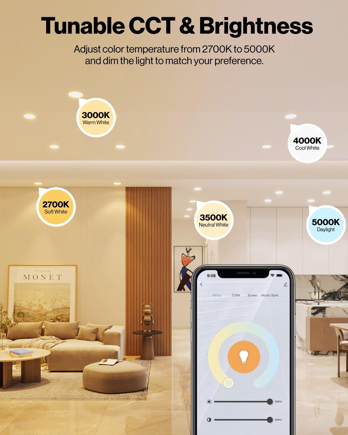 Sunco 4 Pack 6 Inch Smart Ultra Thin LED Recessed Ceiling Lights Slim, RGB+5000K Daylight, Dimmable, 15W, Canless Wafer with Junction Box - ETL.