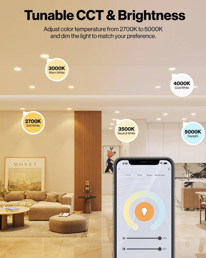 Sunco 4 Pack 6 Inch Smart Ultra Thin LED Recessed Ceiling Lights Slim, RGB+5000K Daylight, Dimmable, 15W, Canless Wafer with Junction Box - ETL.