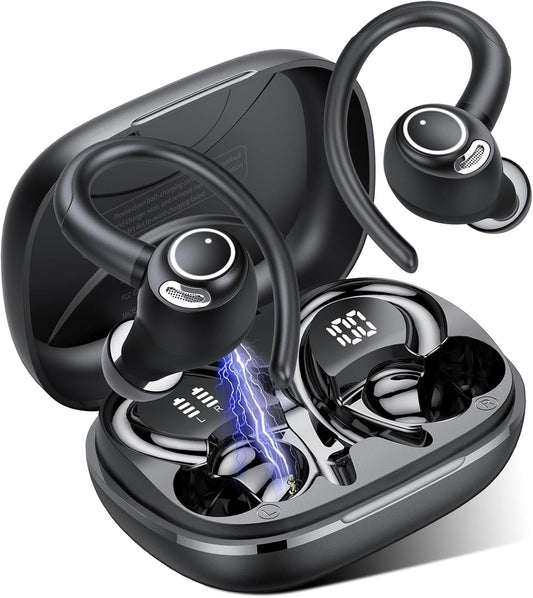 Wireless Earbuds, Bluetooth 5.3 Headphones, New Wireless Earphones HiFi Stereo Sound with 4 ENC Mic, IP7, Sport Bluetooth Earbuds in Ear EarHooks for Running, 48H Dual LED Display Ear Buds, Deep Black