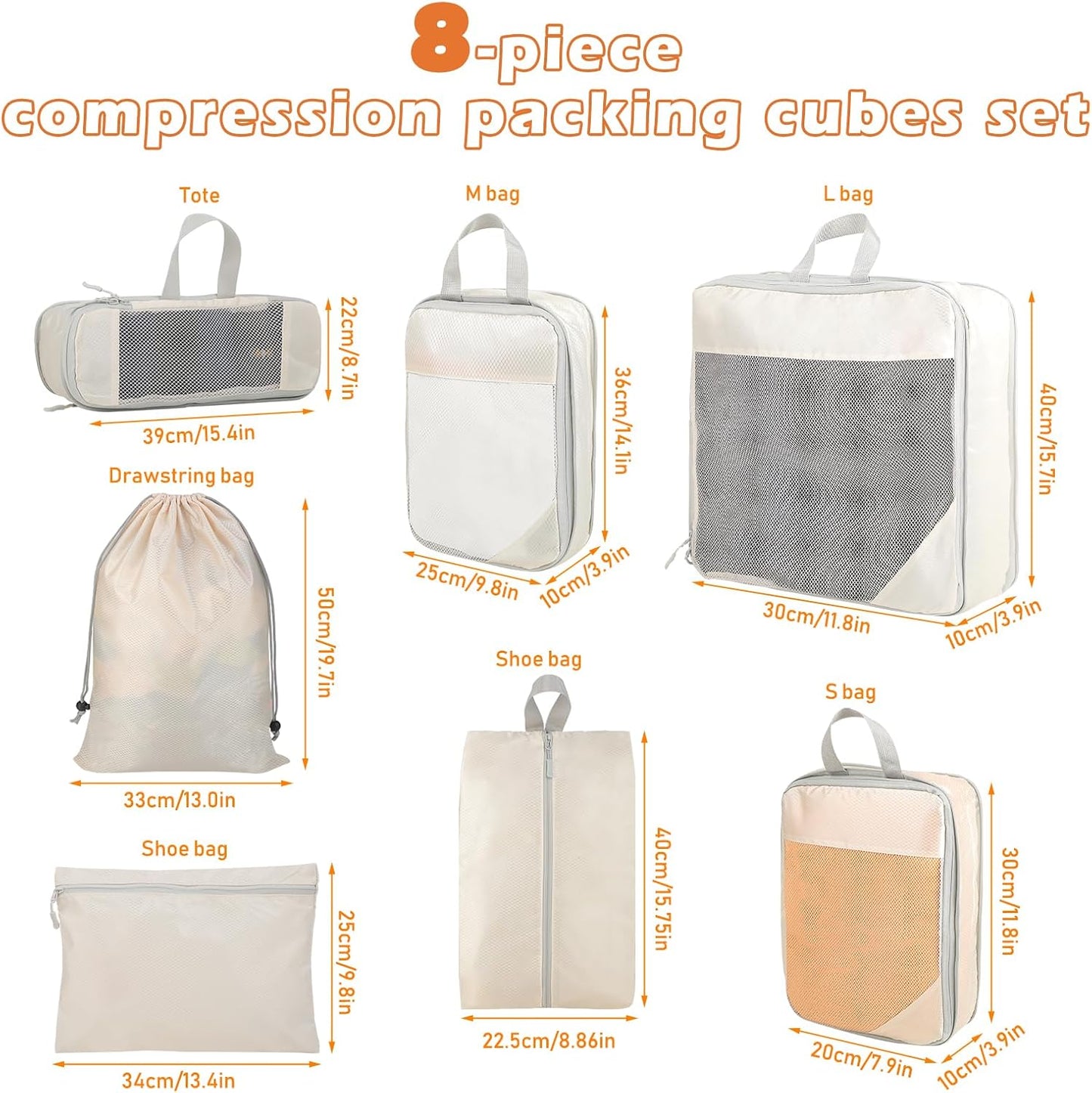 Suitcase Organizer – 8 Pieces Compression Cube Set for Luggage – Lightweight Suitcase Organizer – Travel System with Multiple Compartments, Ideal for Romantic Weekend and Business Travel (Beige)