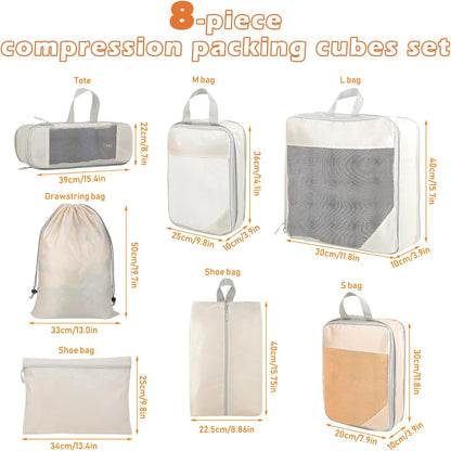 Suitcase Organizer – 8 Pieces Compression Cube Set for Luggage – Lightweight Suitcase Organizer – Travel System with Multiple Compartments, Ideal for Romantic Weekend and Business Travel (Beige)