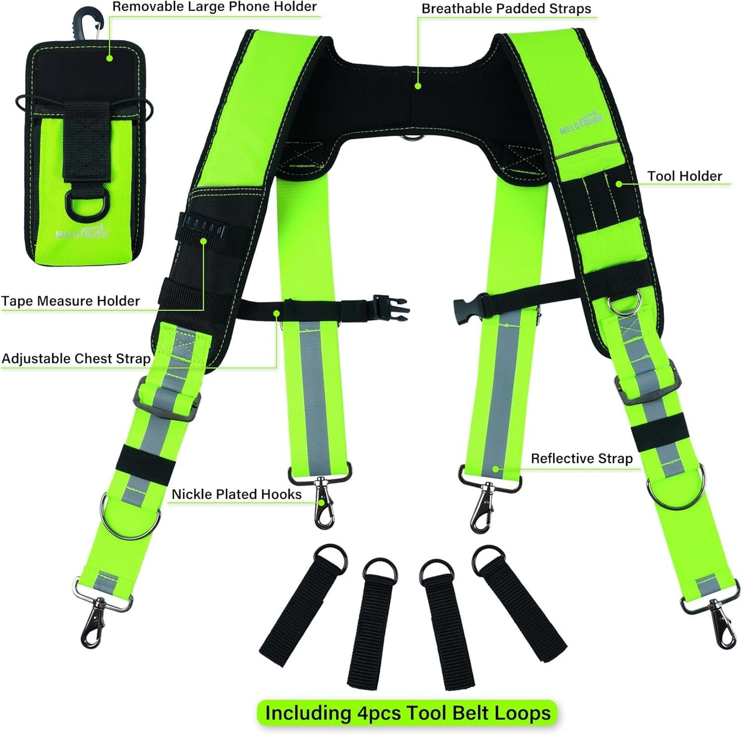 MELOTOUGH Reflective Safety Work Suspenders - Padded, Adjustable, Hi Vis Tool Belt Suspenders for Carpenter/Electrician/Roofing/Framers (High Visibility)